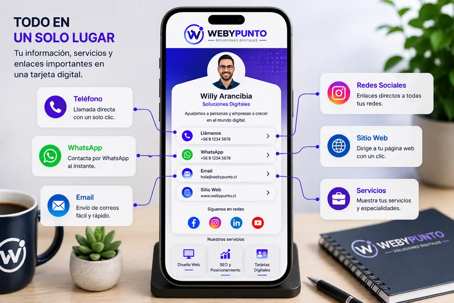 Tarjeta digital con datos de contacto, redes sociales y servicios